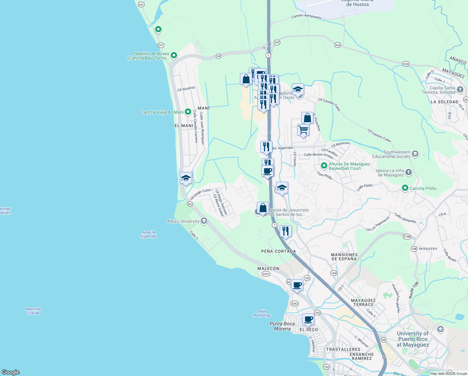 map of restaurants, bars, coffee shops, grocery stores, and more near 71-99 Calle Carlos E Chardon in Yaguez