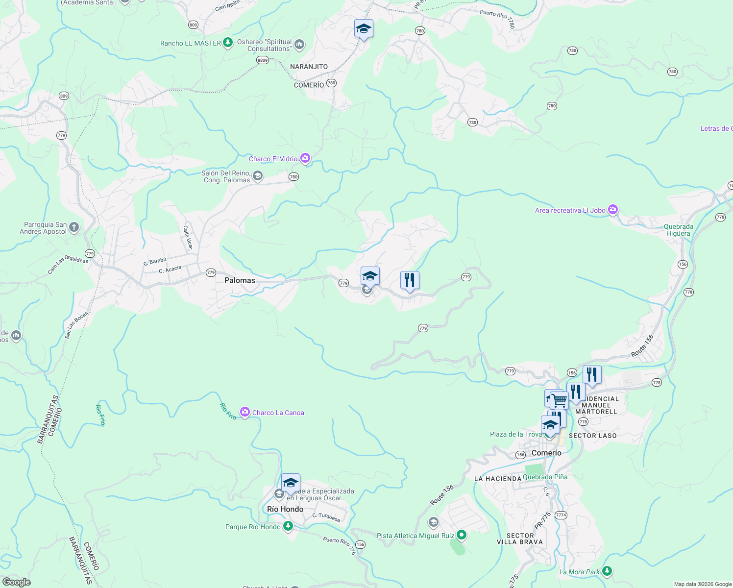 map of restaurants, bars, coffee shops, grocery stores, and more near Puerto Rico 779 in Comerío