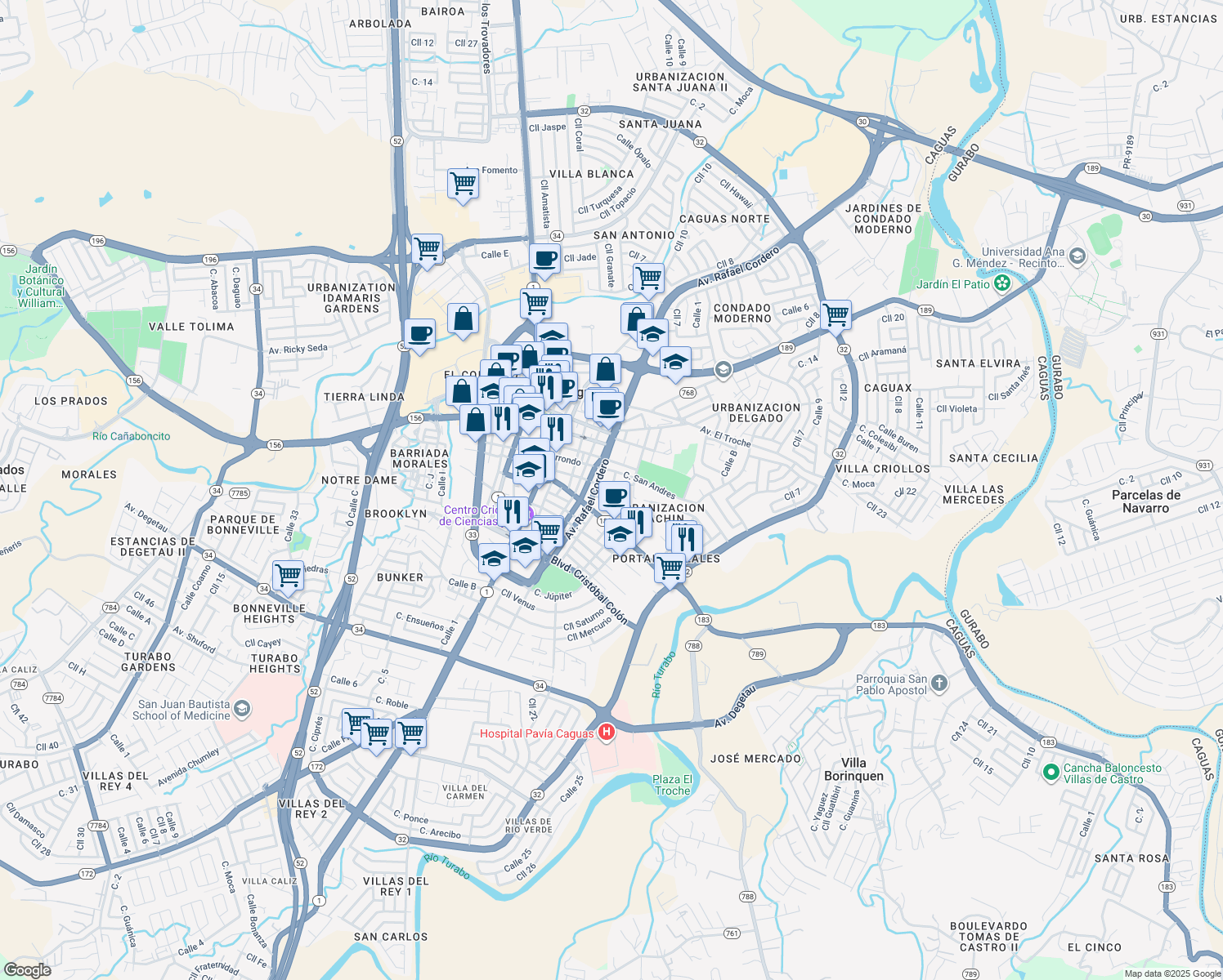 map of restaurants, bars, coffee shops, grocery stores, and more near 1 Calle Campio Alonso in Caguas