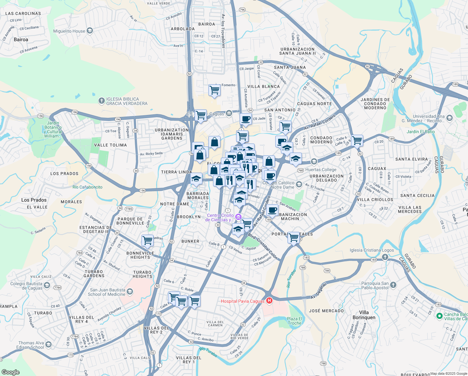 map of restaurants, bars, coffee shops, grocery stores, and more near 42 Muñoz Rivera in Caguas