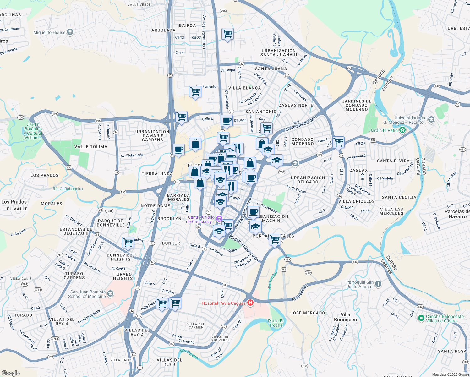 map of restaurants, bars, coffee shops, grocery stores, and more near 35 Calle Ruiz Belvis in Caguas
