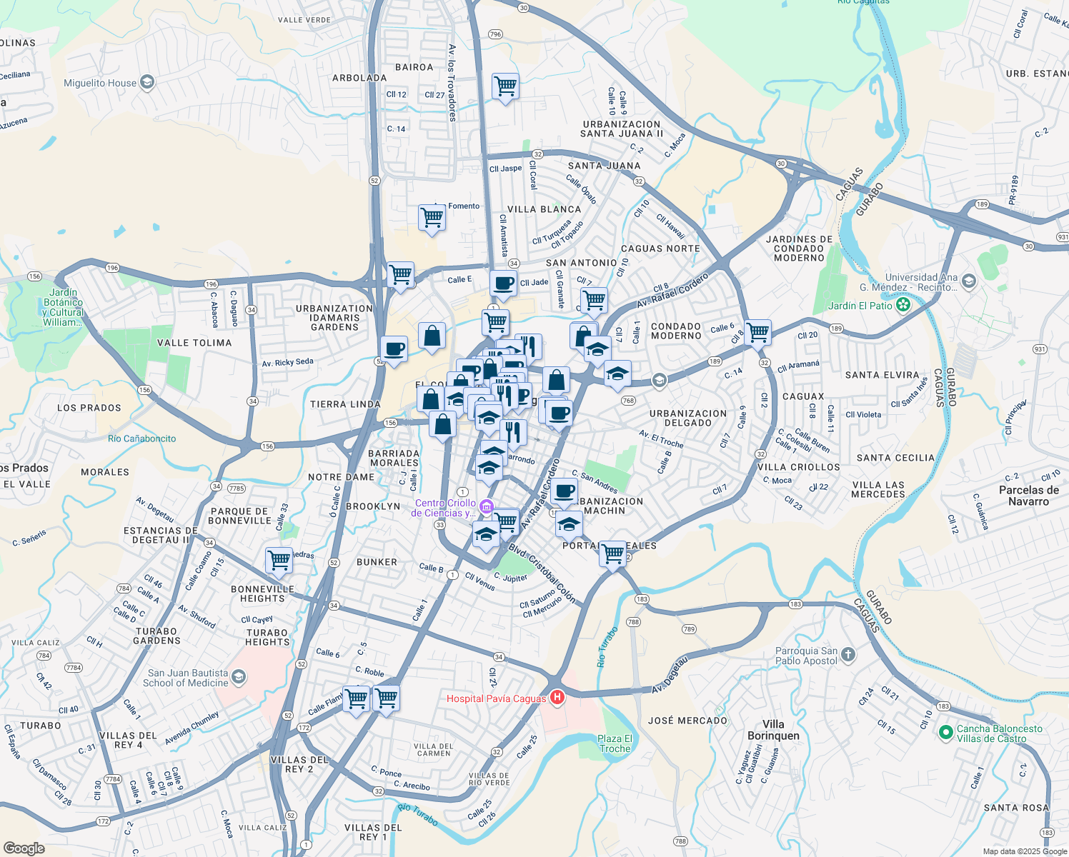 map of restaurants, bars, coffee shops, grocery stores, and more near 35 Calle Ruiz Belvis in Caguas
