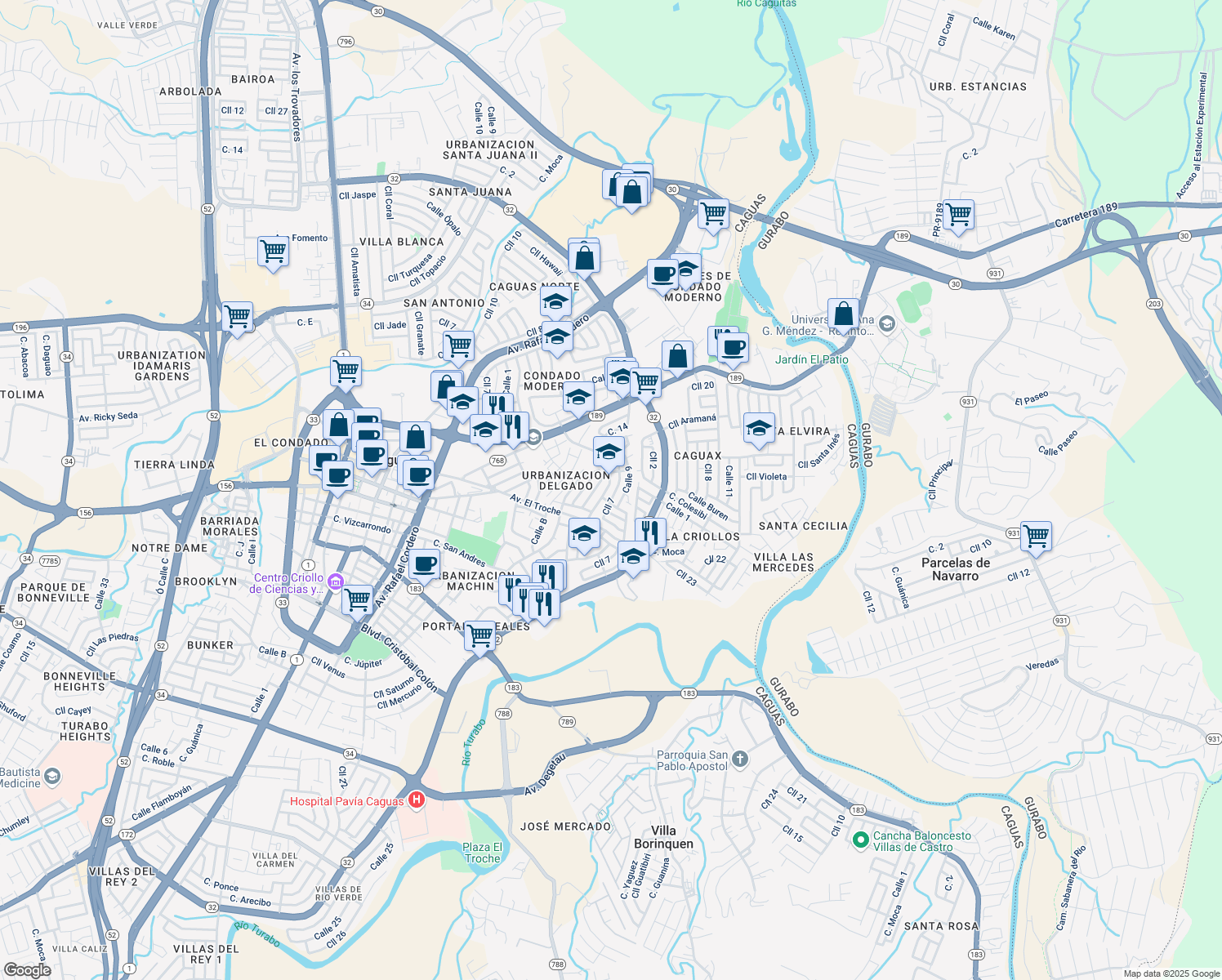 map of restaurants, bars, coffee shops, grocery stores, and more near 1 Calle 9 in Caguas
