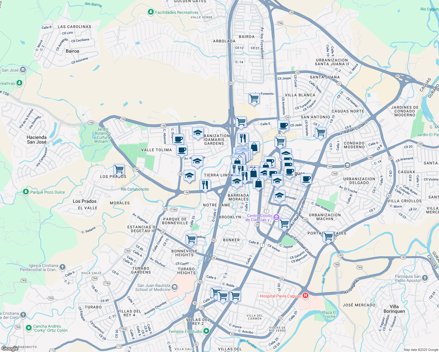 map of restaurants, bars, coffee shops, grocery stores, and more near 1-17 Calle Zaragoza in Caguas