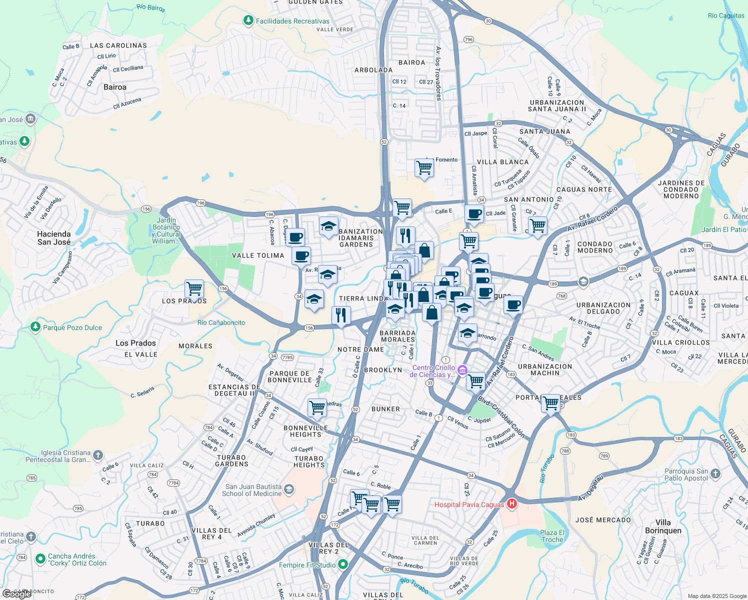 map of restaurants, bars, coffee shops, grocery stores, and more near 17 Calle Zaragoza in Caguas