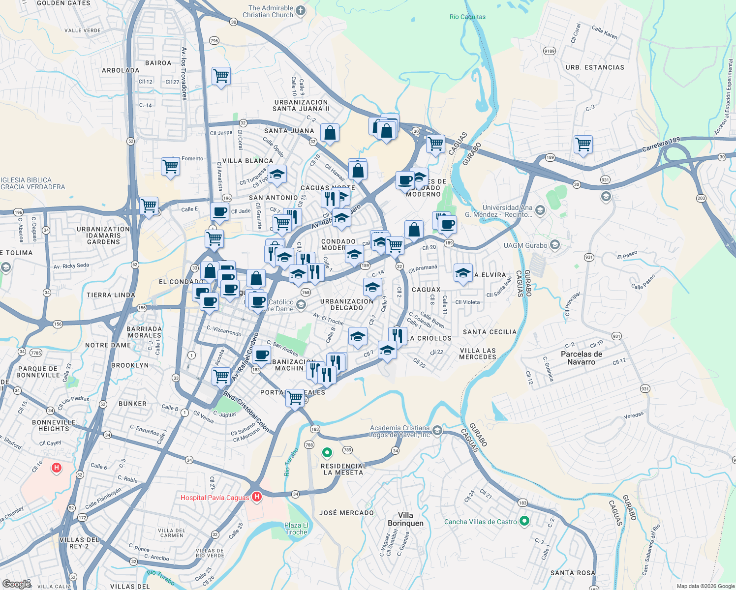 map of restaurants, bars, coffee shops, grocery stores, and more near 24 Calle 3 in Caguas