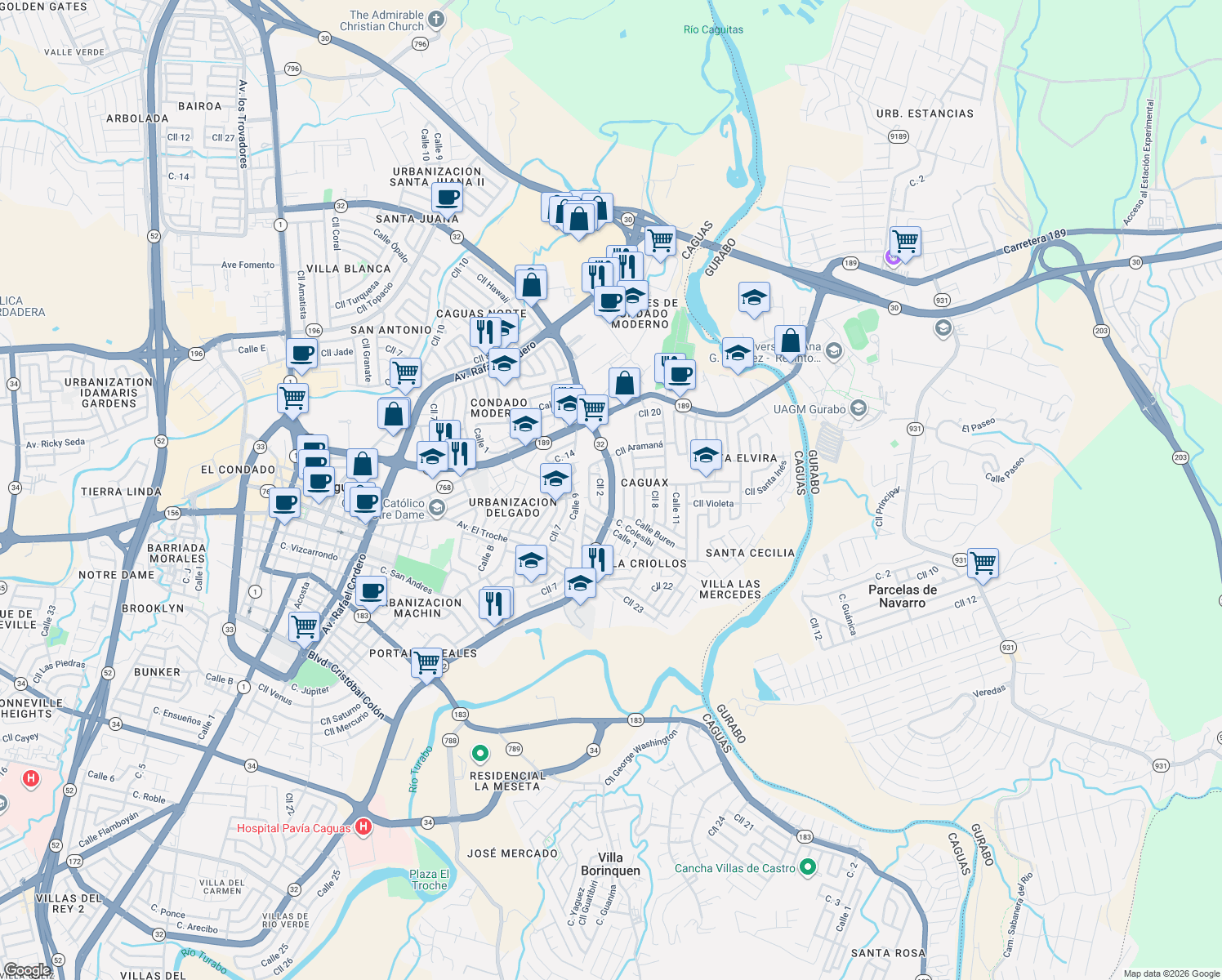 map of restaurants, bars, coffee shops, grocery stores, and more near E-9 Avenida Luis Muñoz Marín in Caguas