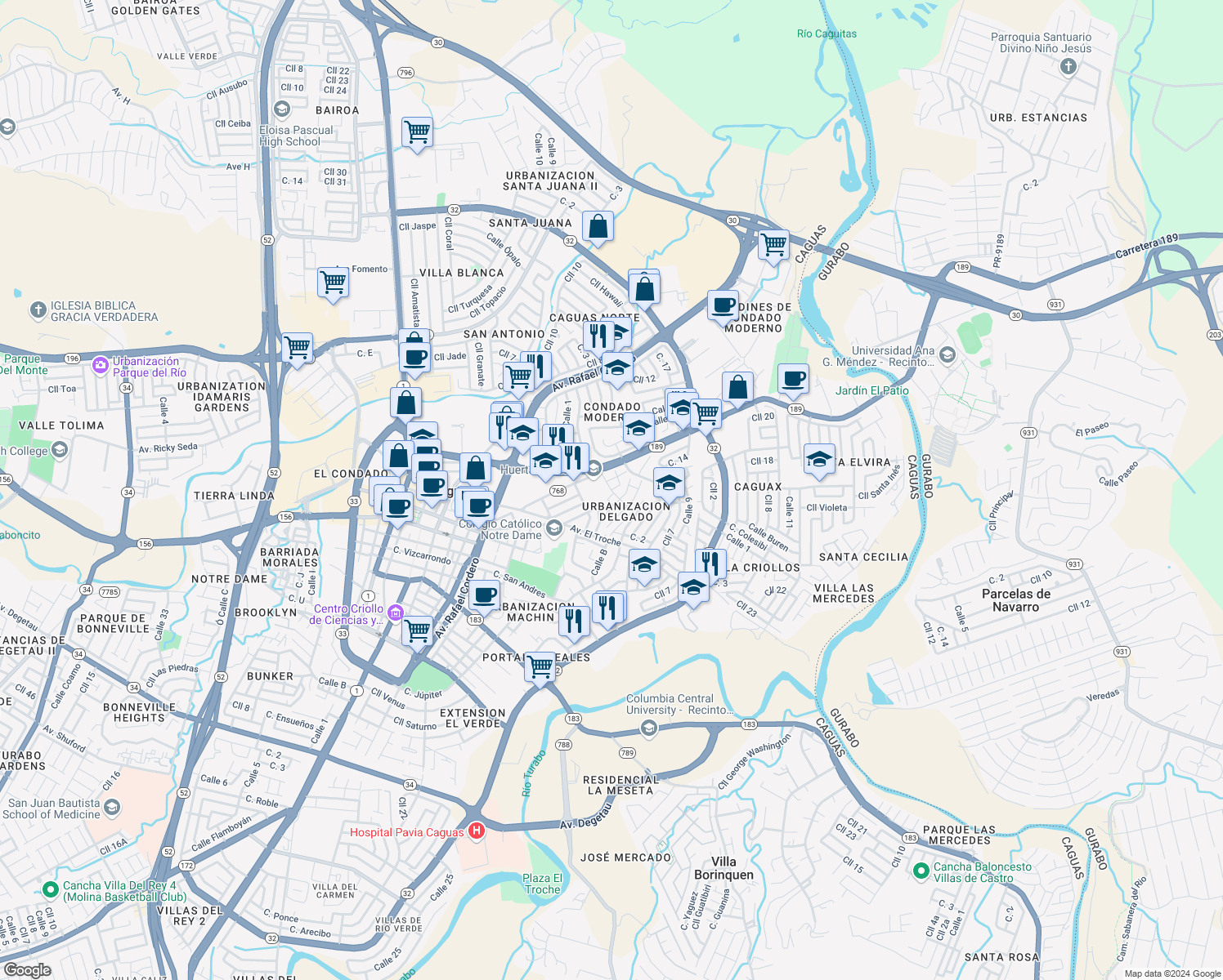 map of restaurants, bars, coffee shops, grocery stores, and more near Calle B in Caguas
