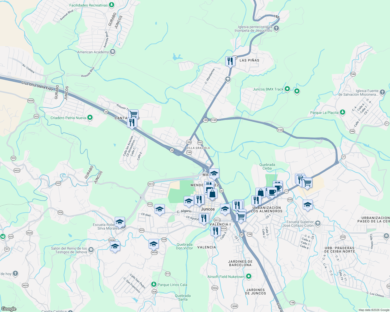 map of restaurants, bars, coffee shops, grocery stores, and more near in Juncos