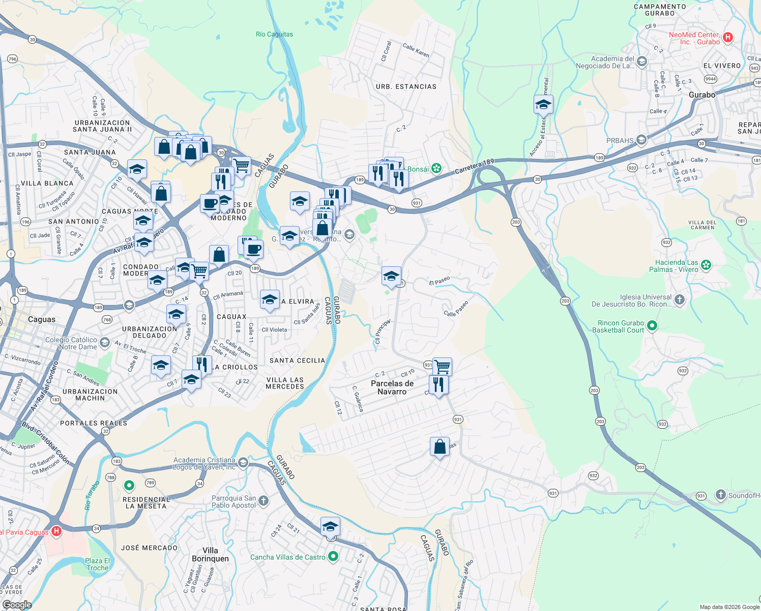 map of restaurants, bars, coffee shops, grocery stores, and more near Plaza 2 in Caguas