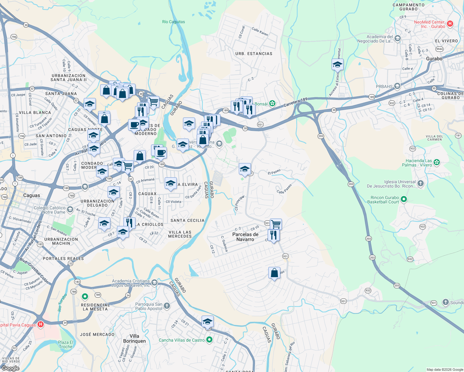 map of restaurants, bars, coffee shops, grocery stores, and more near Plaza 2 in Caguas