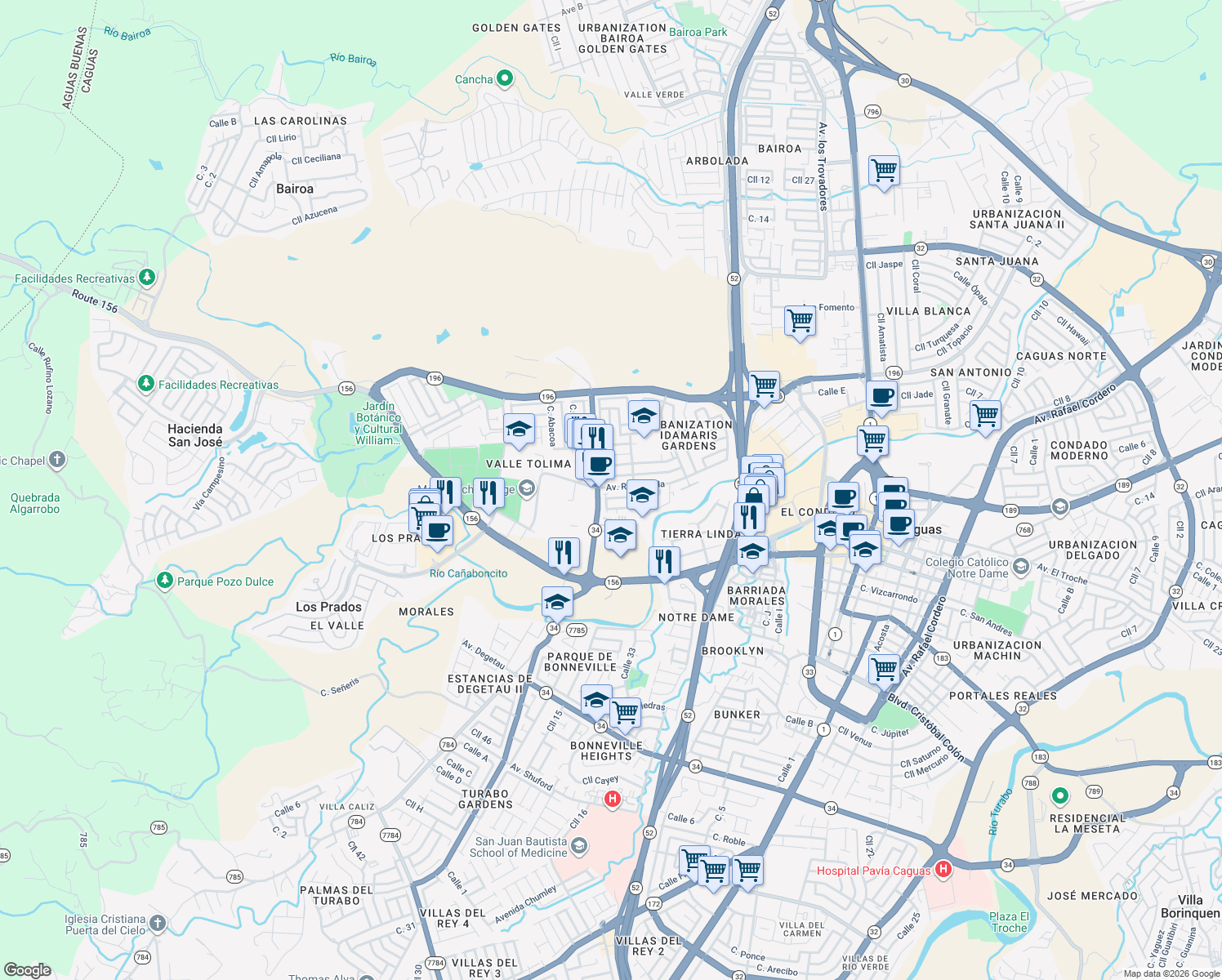 map of restaurants, bars, coffee shops, grocery stores, and more near Calle B in Caguas