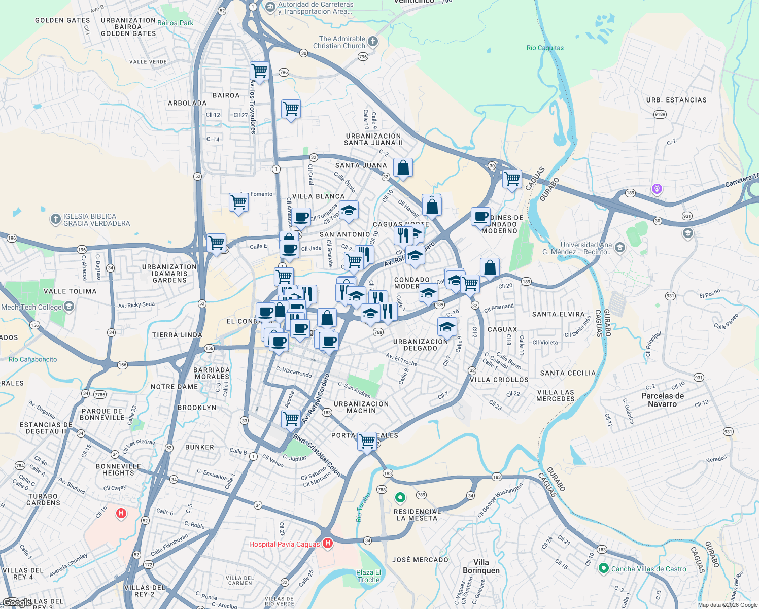 map of restaurants, bars, coffee shops, grocery stores, and more near Calle Magnolia in Caguas
