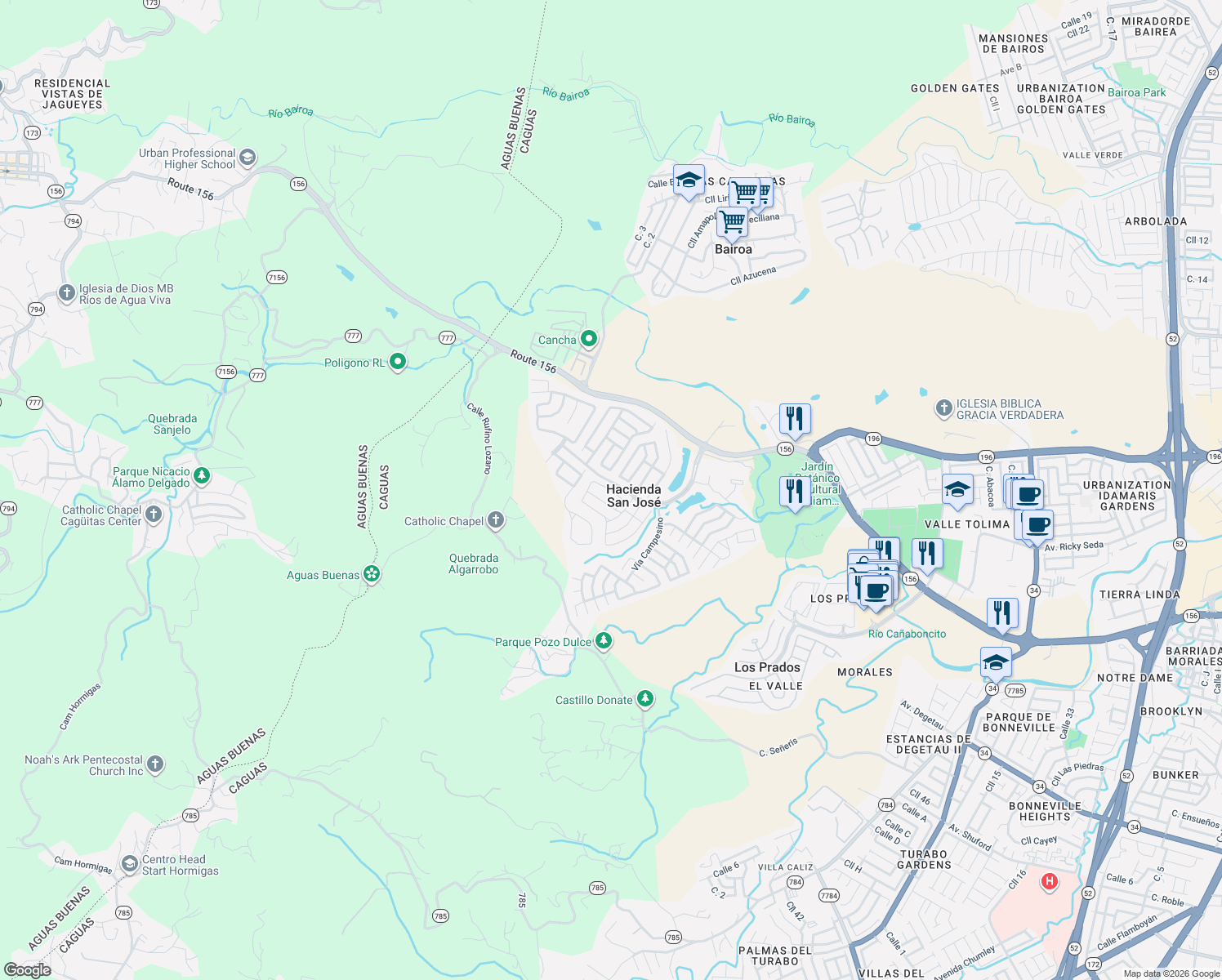 map of restaurants, bars, coffee shops, grocery stores, and more near Via Primaveral in Caguas