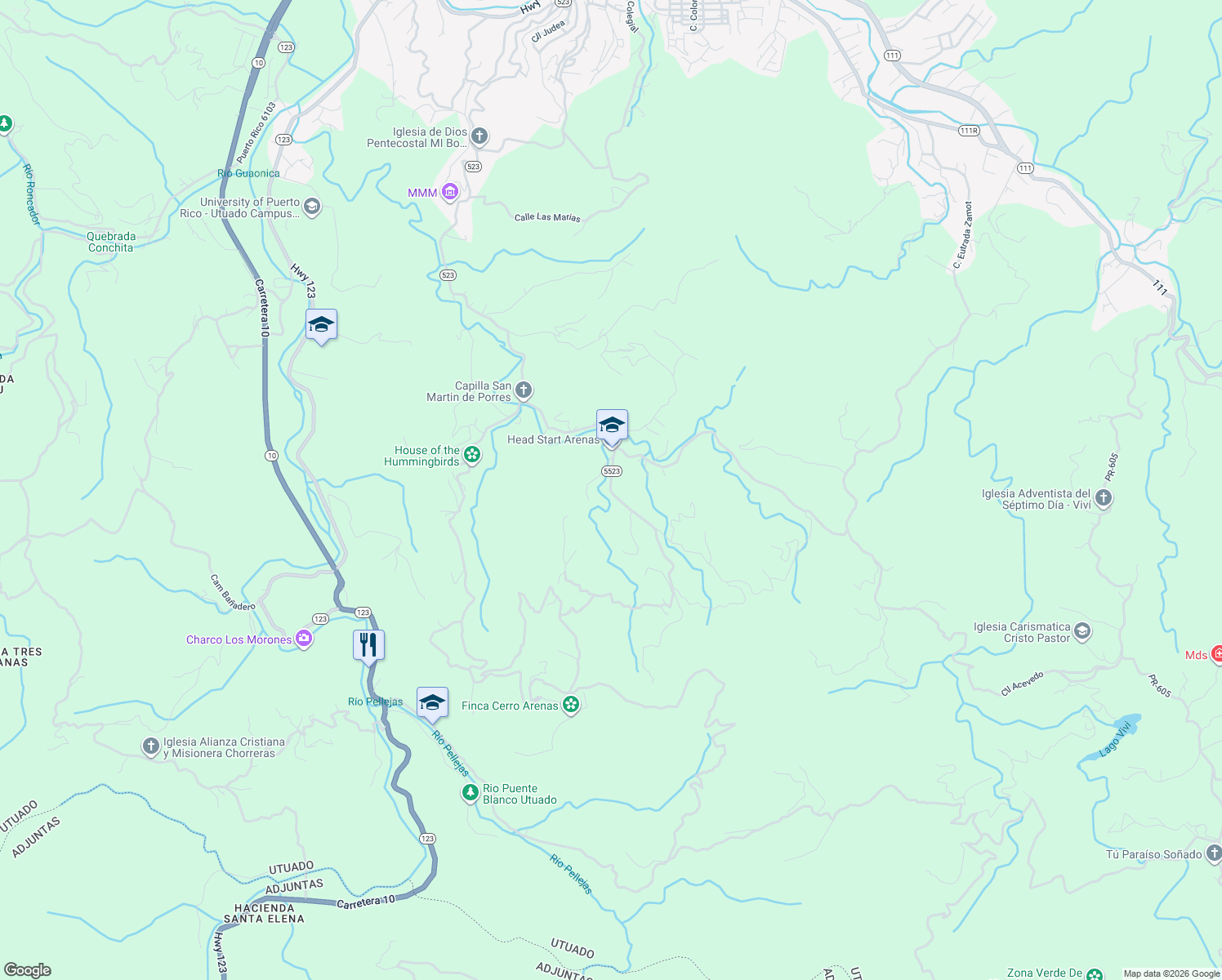 map of restaurants, bars, coffee shops, grocery stores, and more near in Utuado