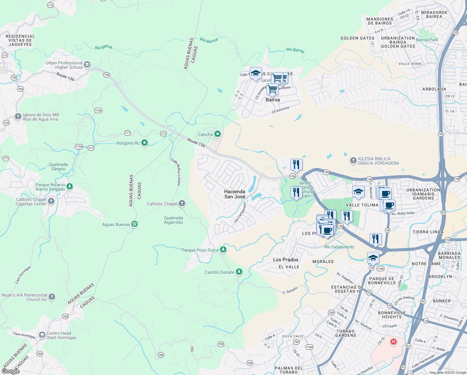 map of restaurants, bars, coffee shops, grocery stores, and more near Via Primaveral in Caguas