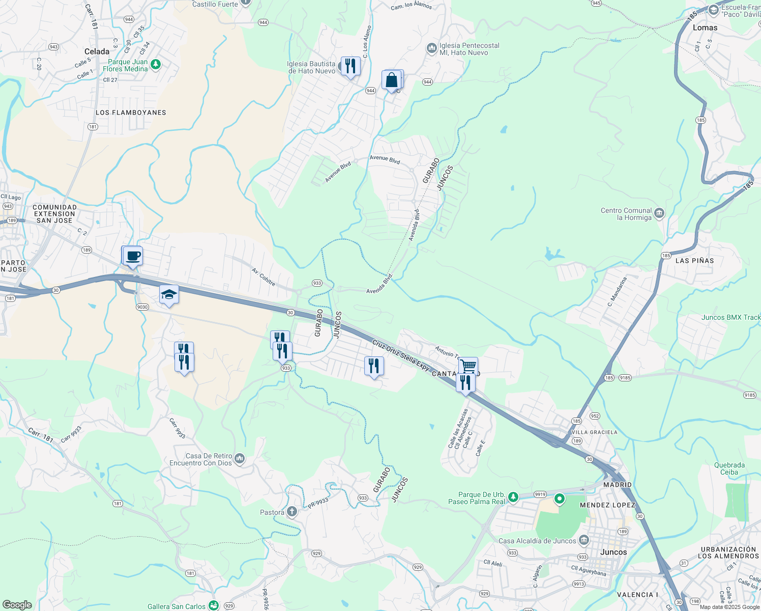 map of restaurants, bars, coffee shops, grocery stores, and more near 199 Calle Meseta in Gurabo