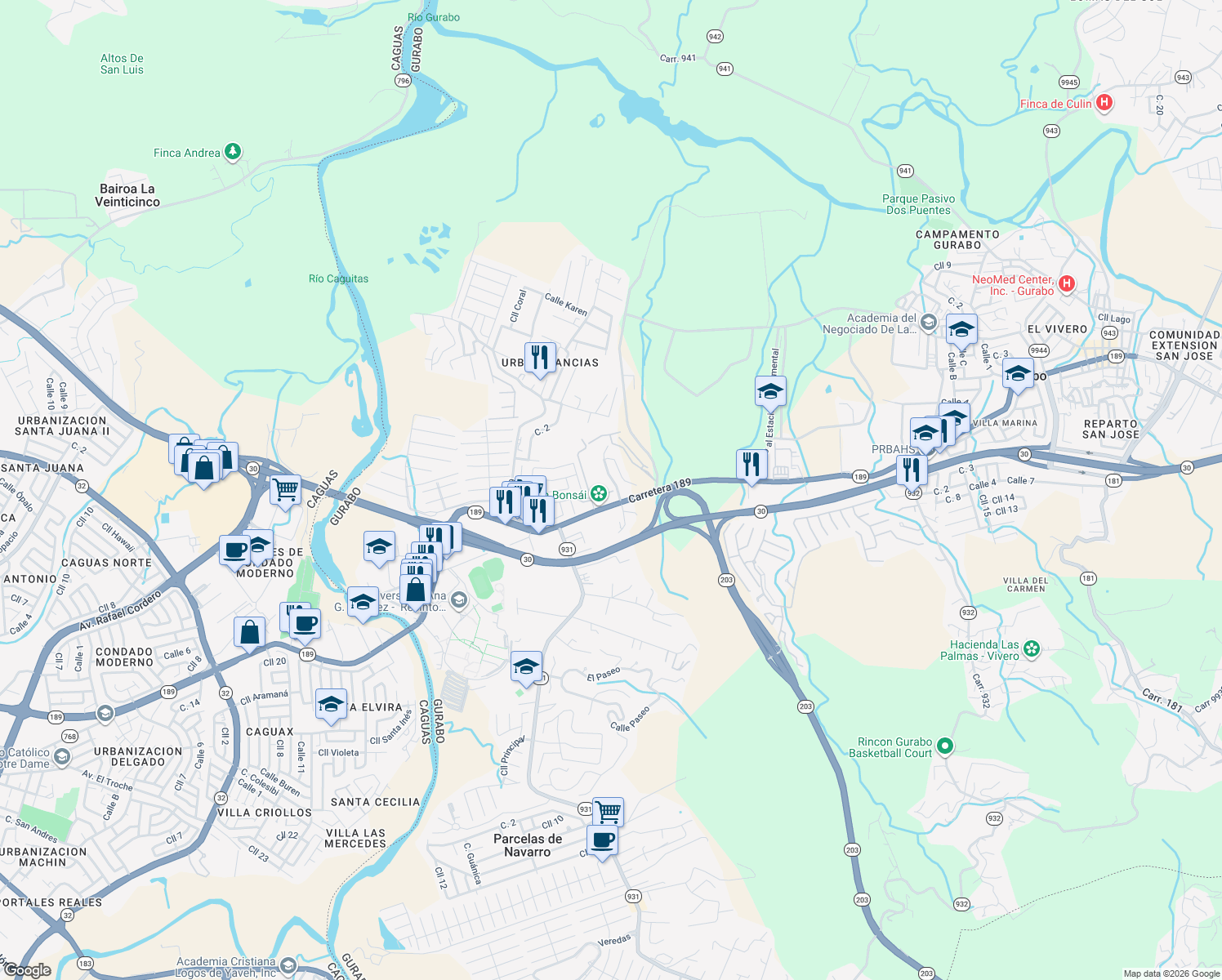 map of restaurants, bars, coffee shops, grocery stores, and more near in Rincón