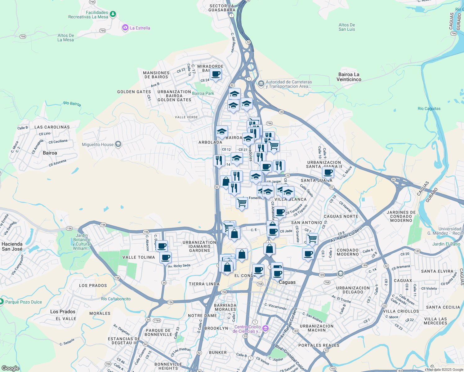 map of restaurants, bars, coffee shops, grocery stores, and more near in Caguas