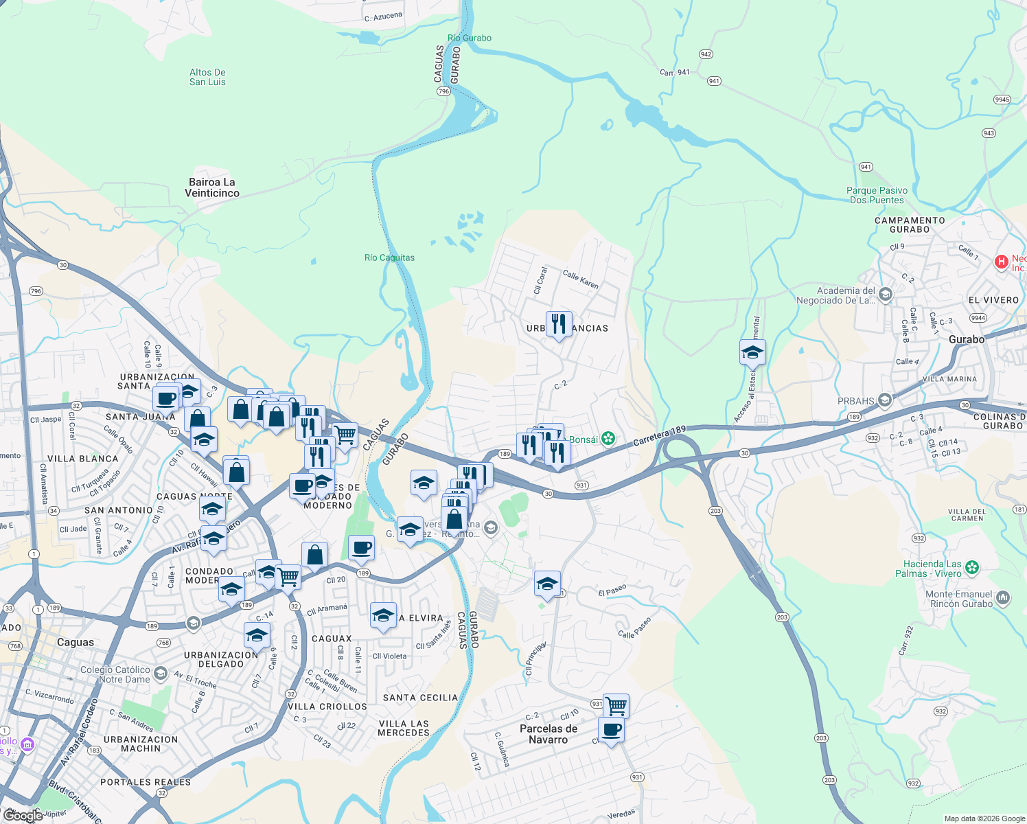 map of restaurants, bars, coffee shops, grocery stores, and more near Calle 7 in Caguas