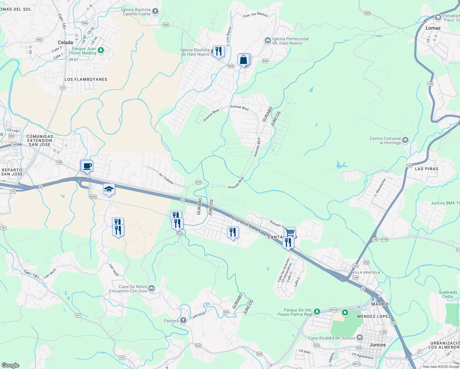 map of restaurants, bars, coffee shops, grocery stores, and more near 199 Calle Meseta in Gurabo