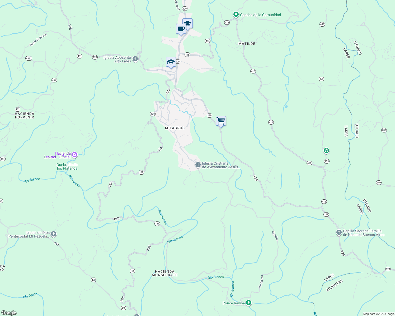 map of restaurants, bars, coffee shops, grocery stores, and more near in Lares