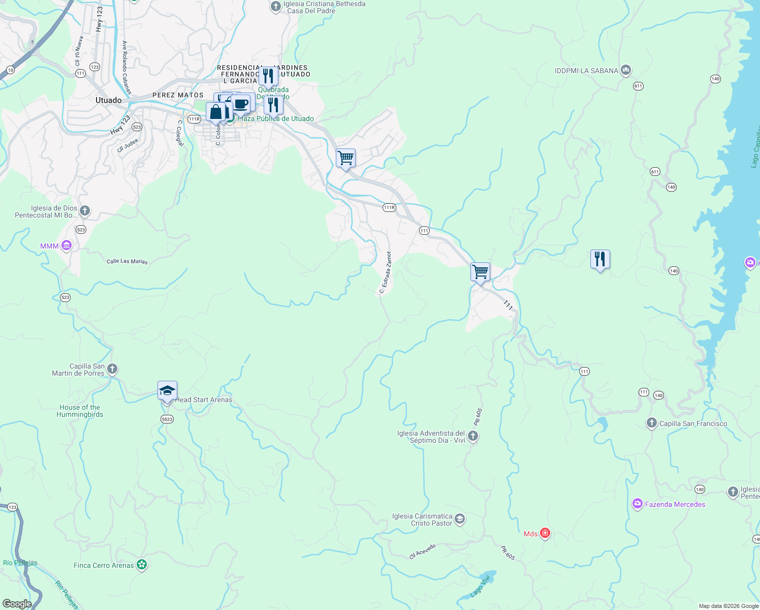map of restaurants, bars, coffee shops, grocery stores, and more near Unnamed Road in Utuado