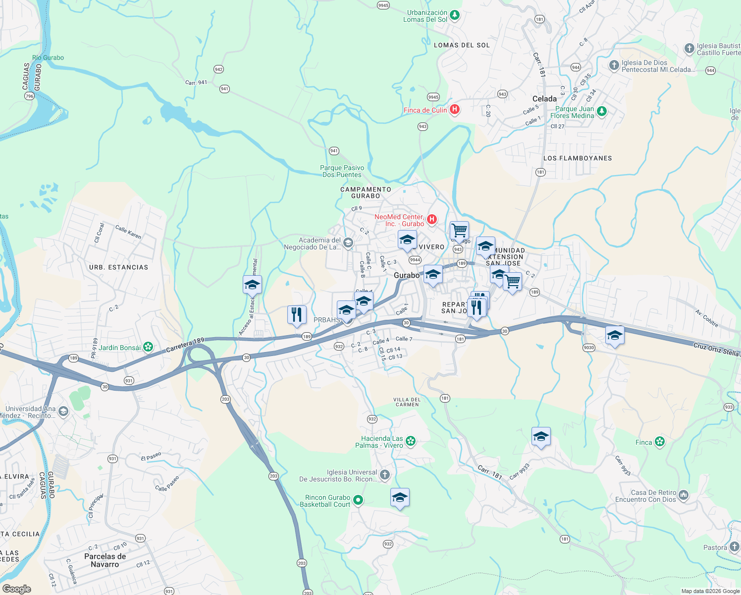map of restaurants, bars, coffee shops, grocery stores, and more near 28 Calle 3 in Gurabo