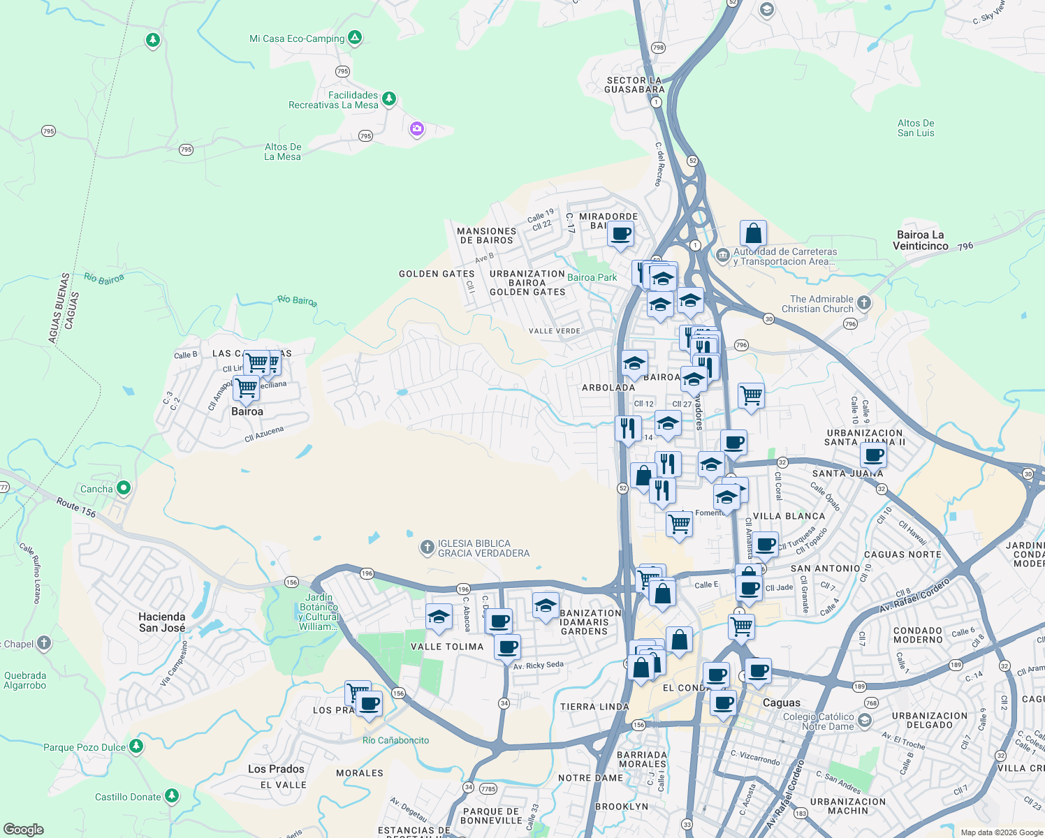 map of restaurants, bars, coffee shops, grocery stores, and more near Calle Villa Franca in Caguas