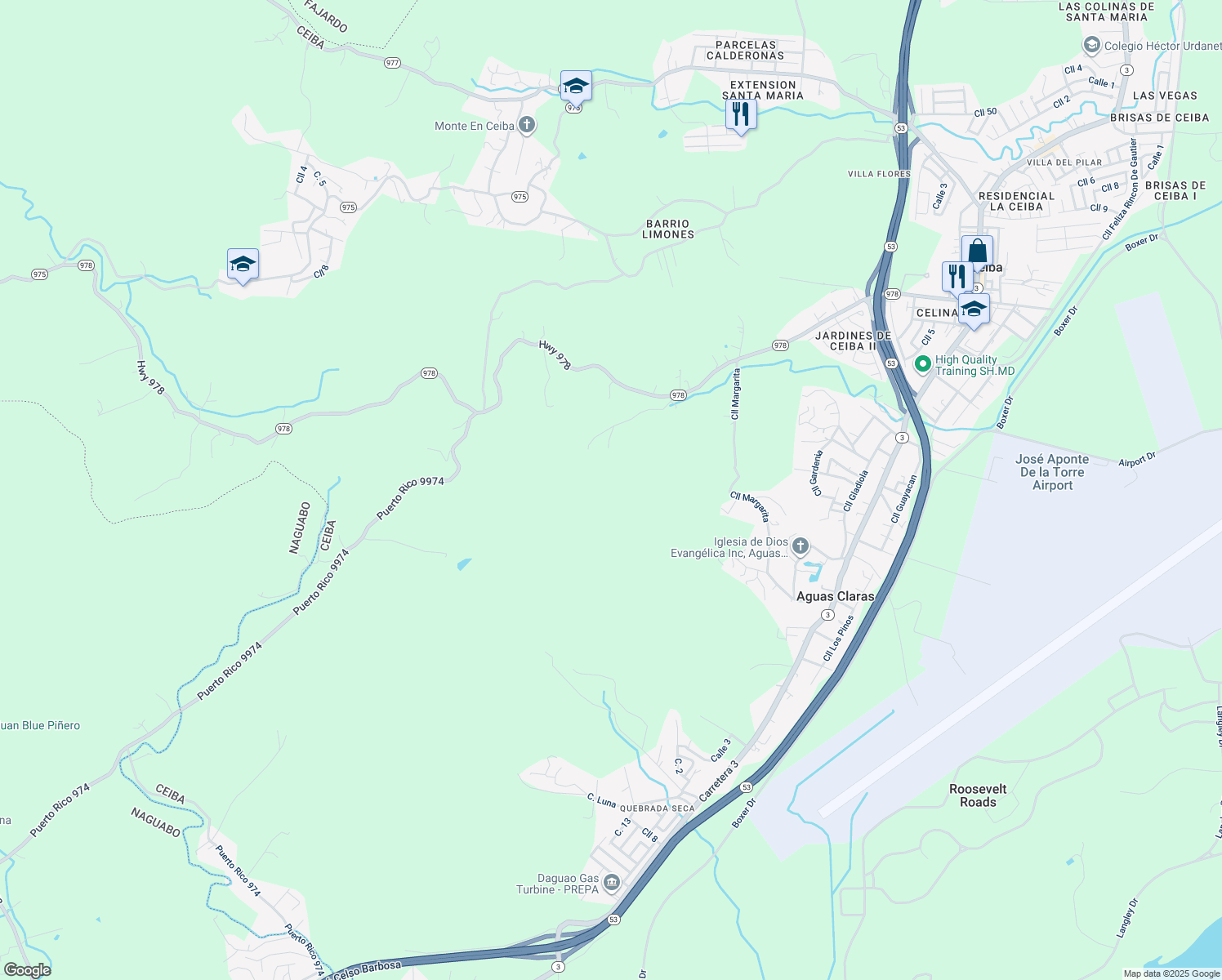 map of restaurants, bars, coffee shops, grocery stores, and more near Unnamed Road in Ceiba