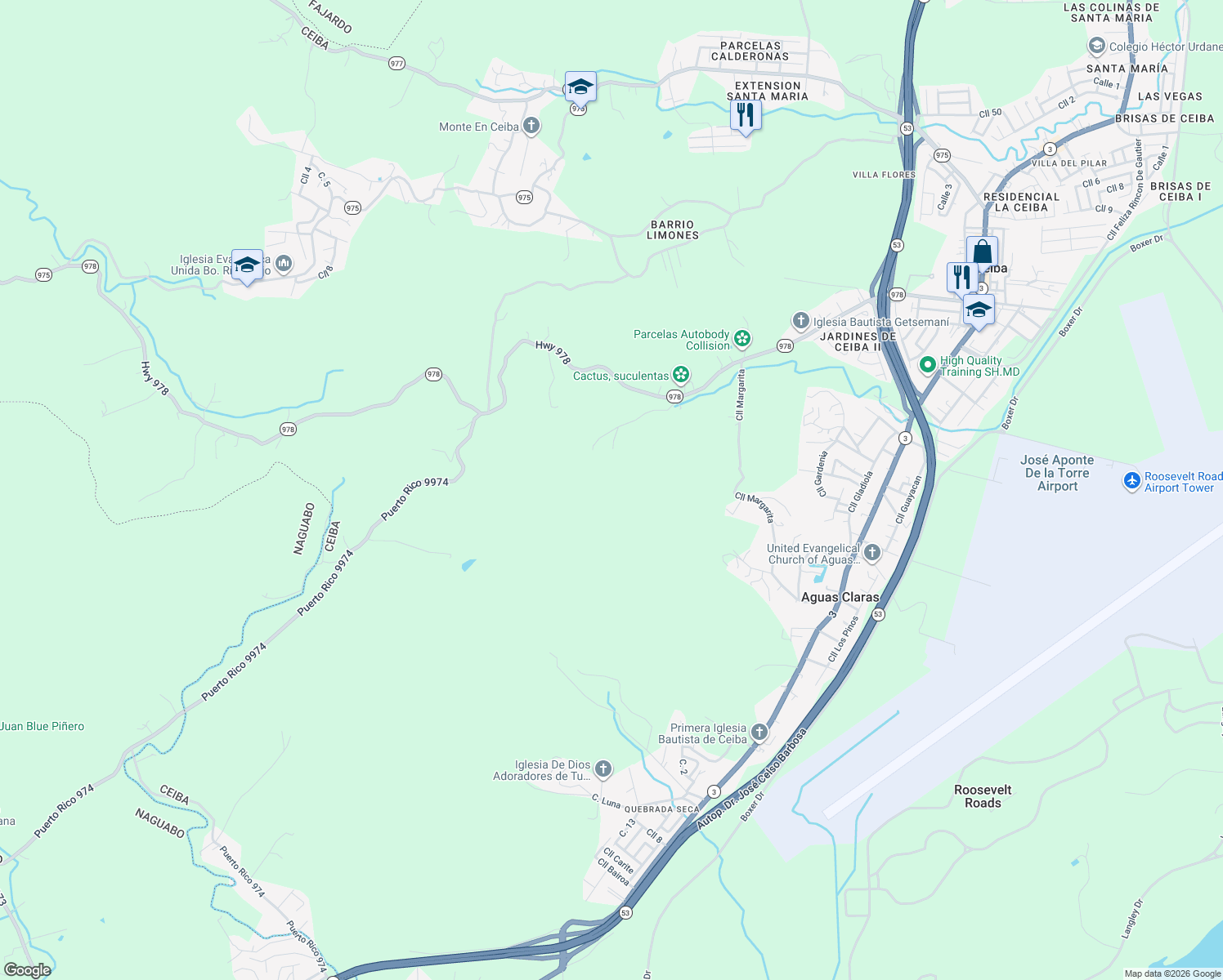 map of restaurants, bars, coffee shops, grocery stores, and more near Unnamed Road in Ceiba