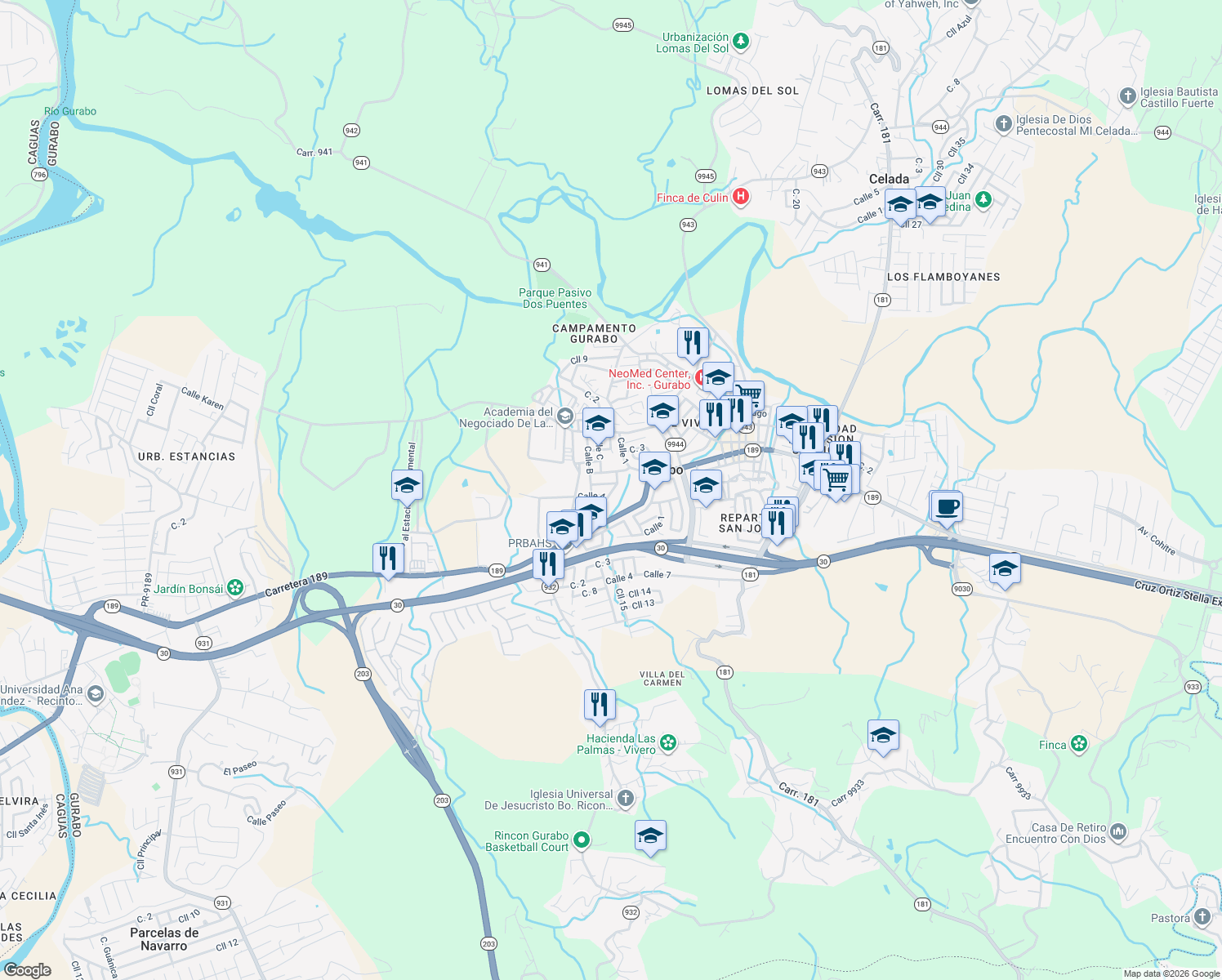 map of restaurants, bars, coffee shops, grocery stores, and more near 28-30 Calle 3 in Gurabo