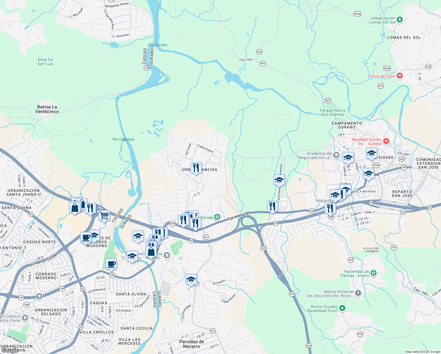 map of restaurants, bars, coffee shops, grocery stores, and more near Calle Ruiseñor in Gurabo