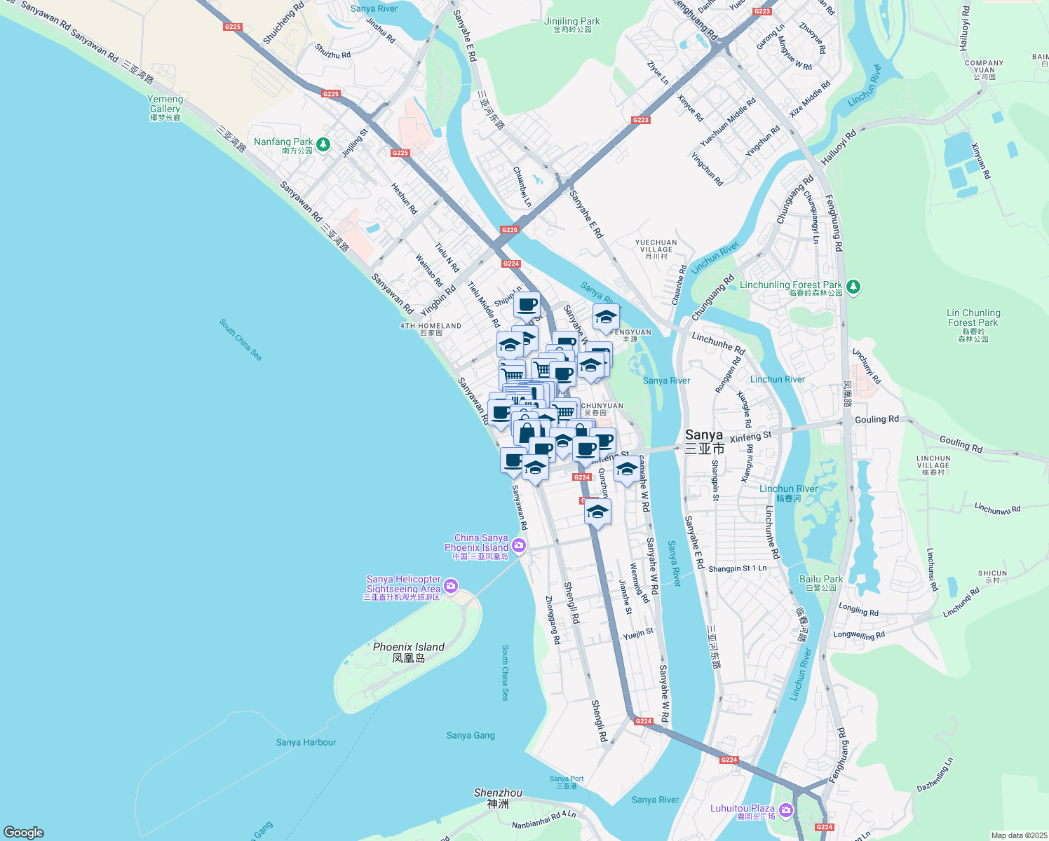 map of restaurants, bars, coffee shops, grocery stores, and more near in Sanya