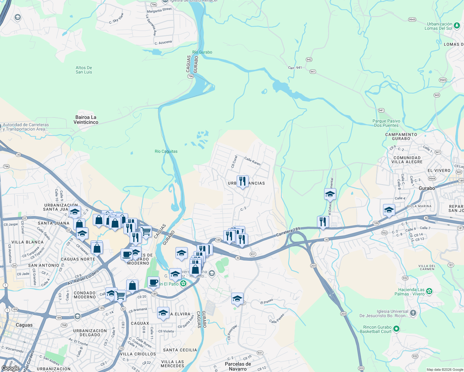 map of restaurants, bars, coffee shops, grocery stores, and more near Cam Vecinal in Caguas
