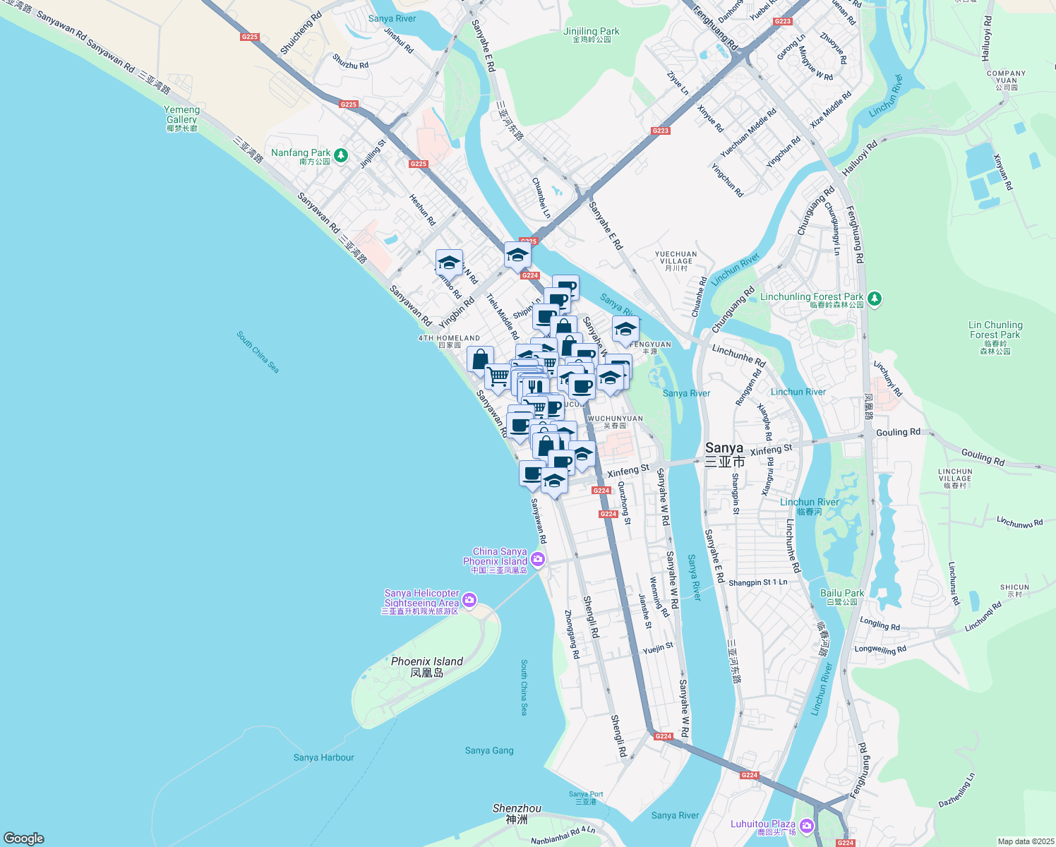 map of restaurants, bars, coffee shops, grocery stores, and more near in Sanya