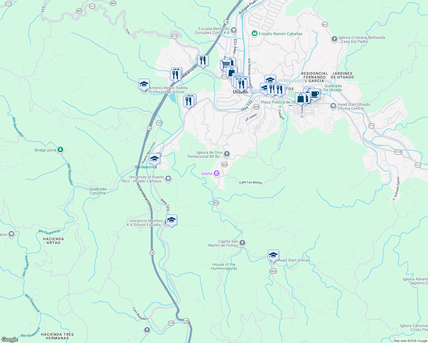 map of restaurants, bars, coffee shops, grocery stores, and more near Puerto Rico 6102 in Utuado
