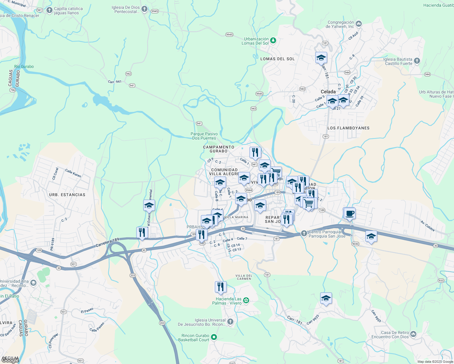 map of restaurants, bars, coffee shops, grocery stores, and more near Calle 6 in Gurabo