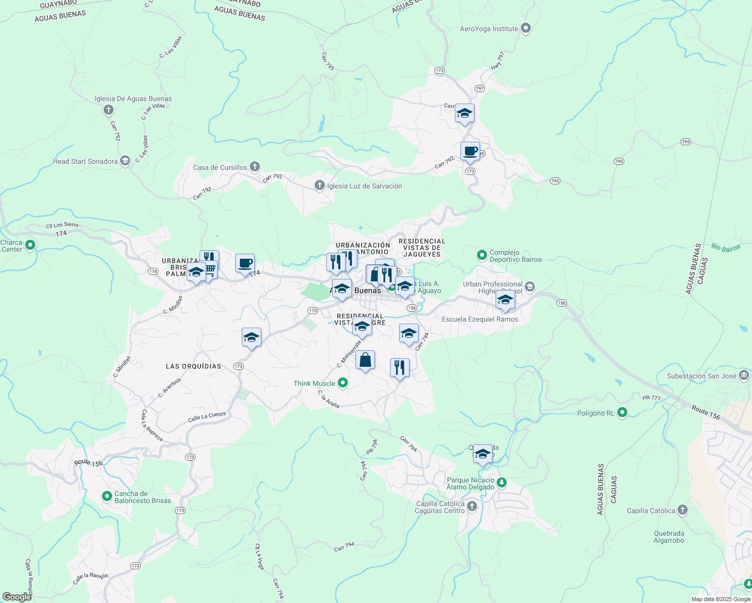 map of restaurants, bars, coffee shops, grocery stores, and more near Calle Monserrate in Aguas Buenas