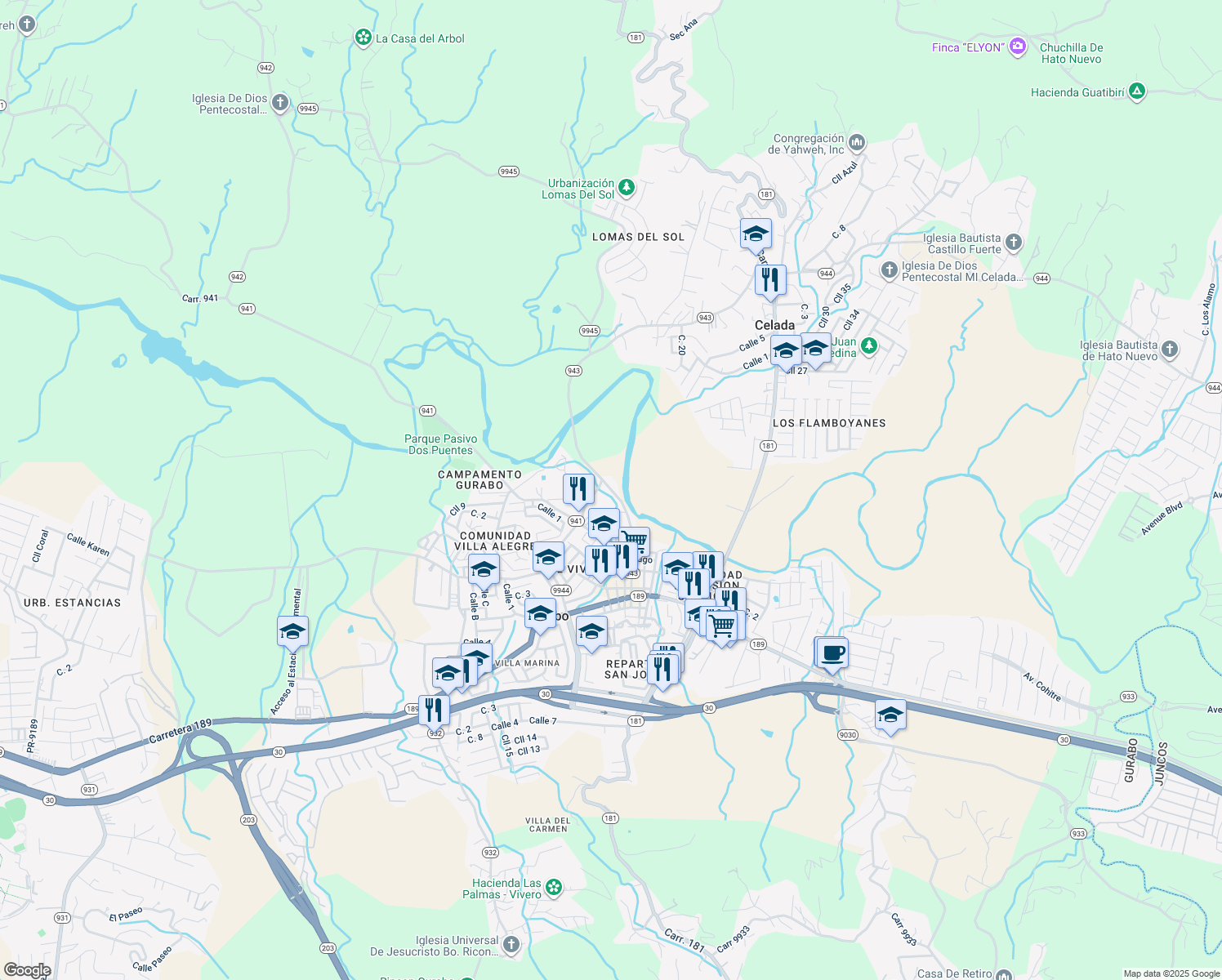 map of restaurants, bars, coffee shops, grocery stores, and more near Calle Santiago in Gurabo