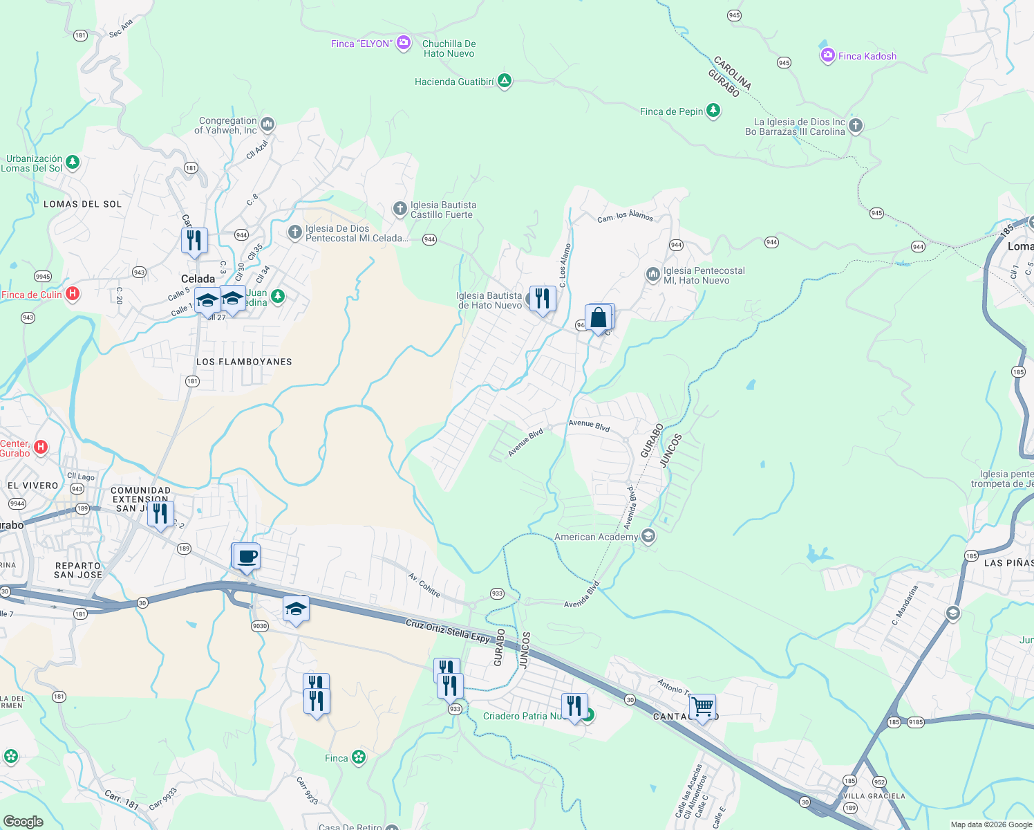map of restaurants, bars, coffee shops, grocery stores, and more near Calle Jazmin in Hato Nuevo