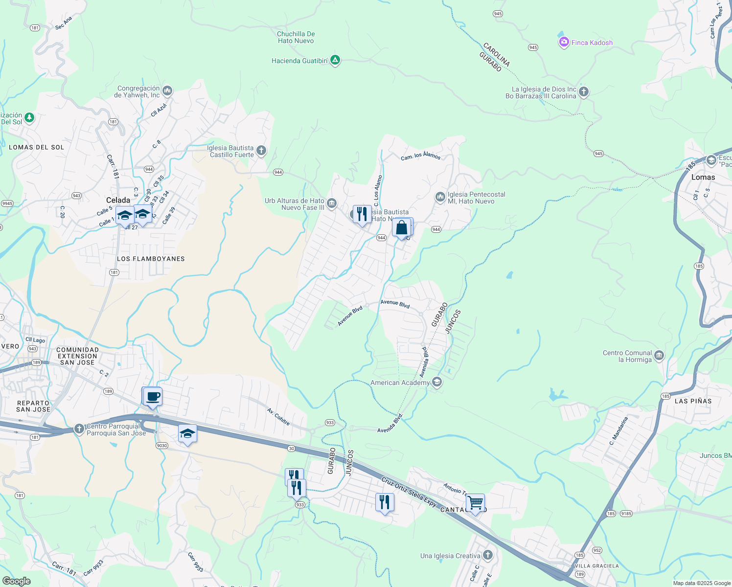 map of restaurants, bars, coffee shops, grocery stores, and more near 97 Calle Aleli in Gurabo