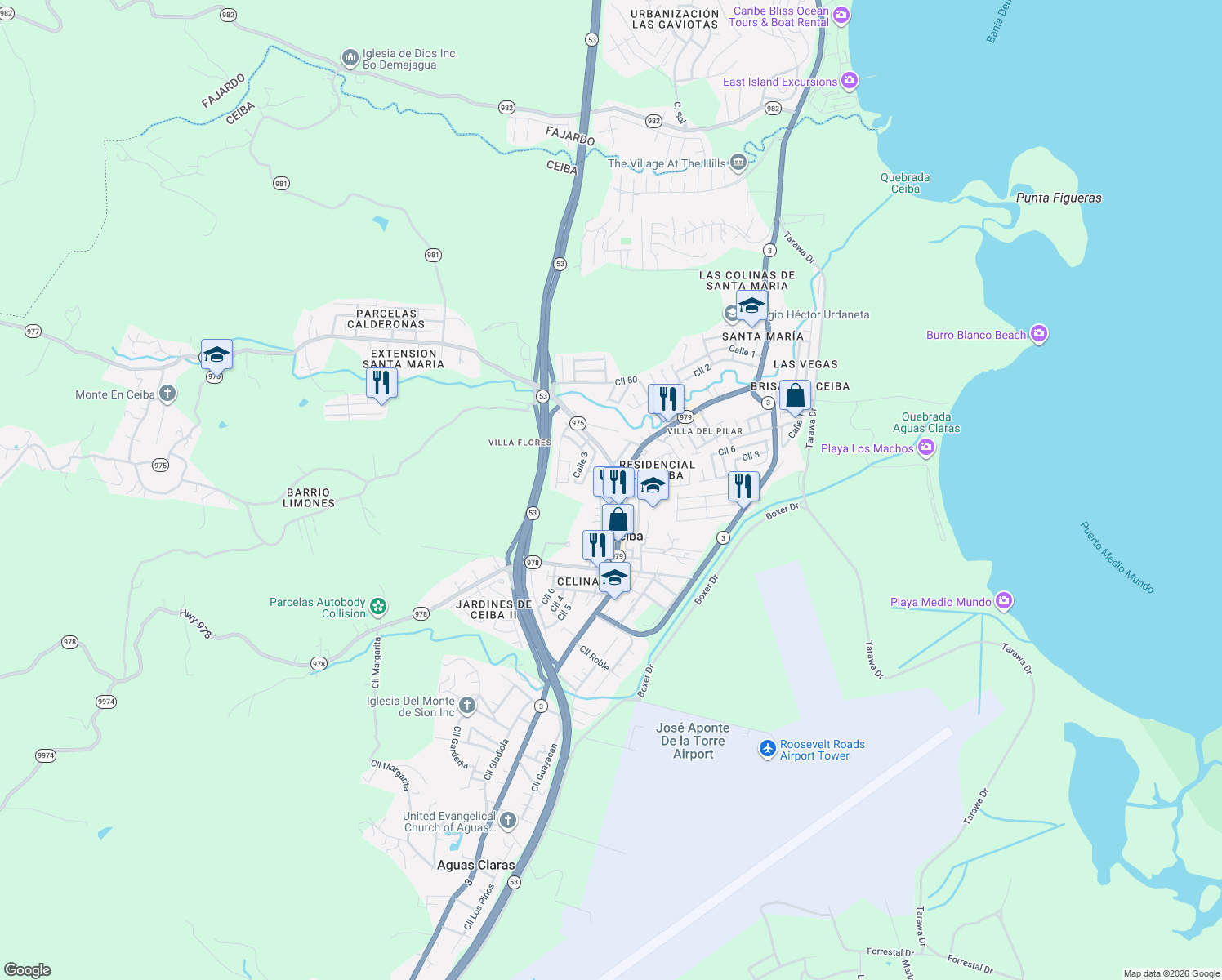 map of restaurants, bars, coffee shops, grocery stores, and more near 638-650 Calle Escolastico Lopez in Ceiba