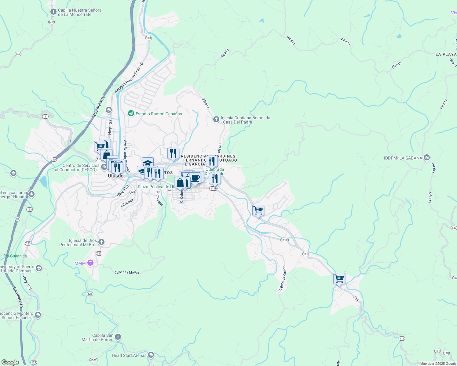 map of restaurants, bars, coffee shops, grocery stores, and more near Avenida Mayor Fernando L. Ribas Dominicci in Utuado