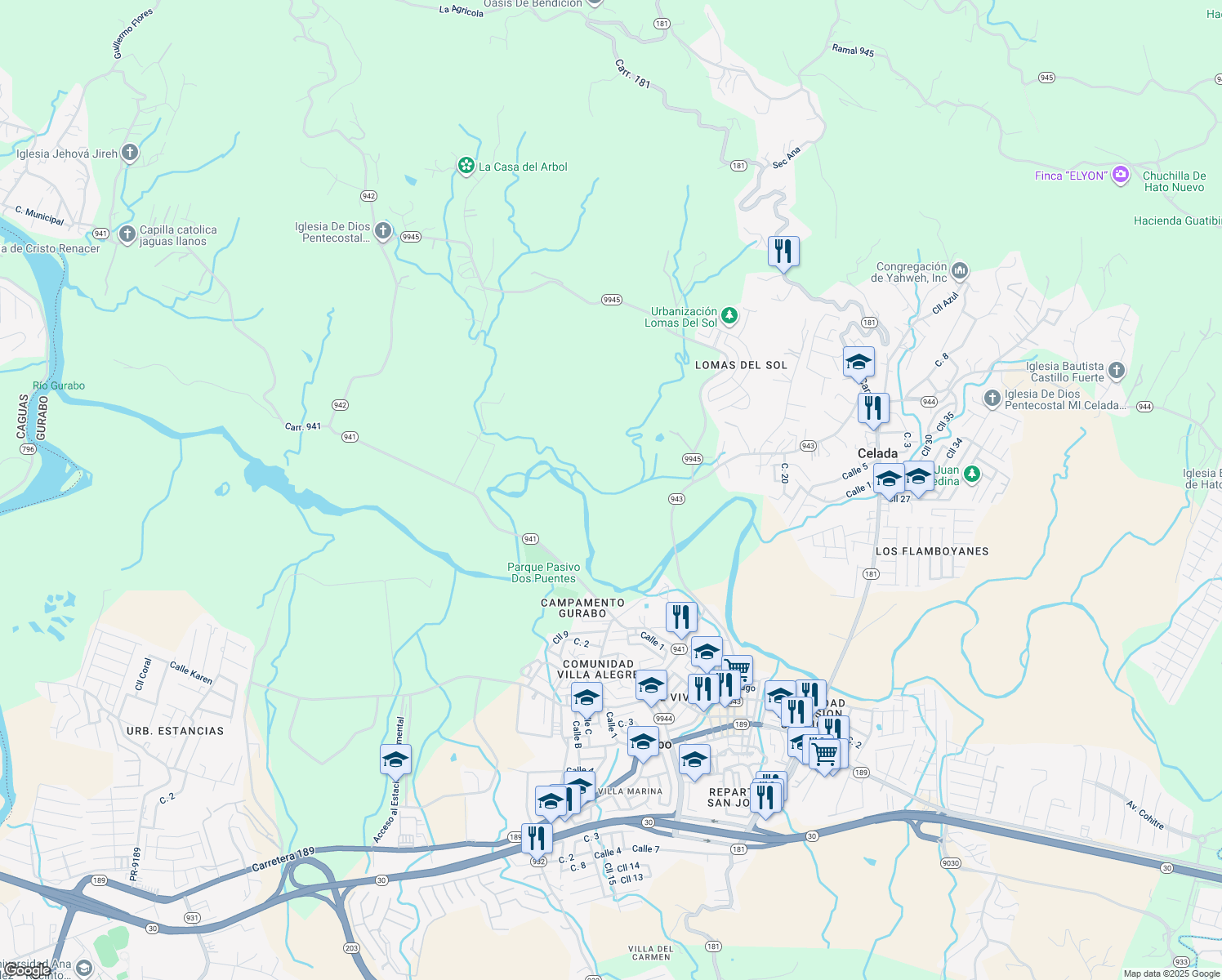 map of restaurants, bars, coffee shops, grocery stores, and more near Calle Santiago in Gurabo