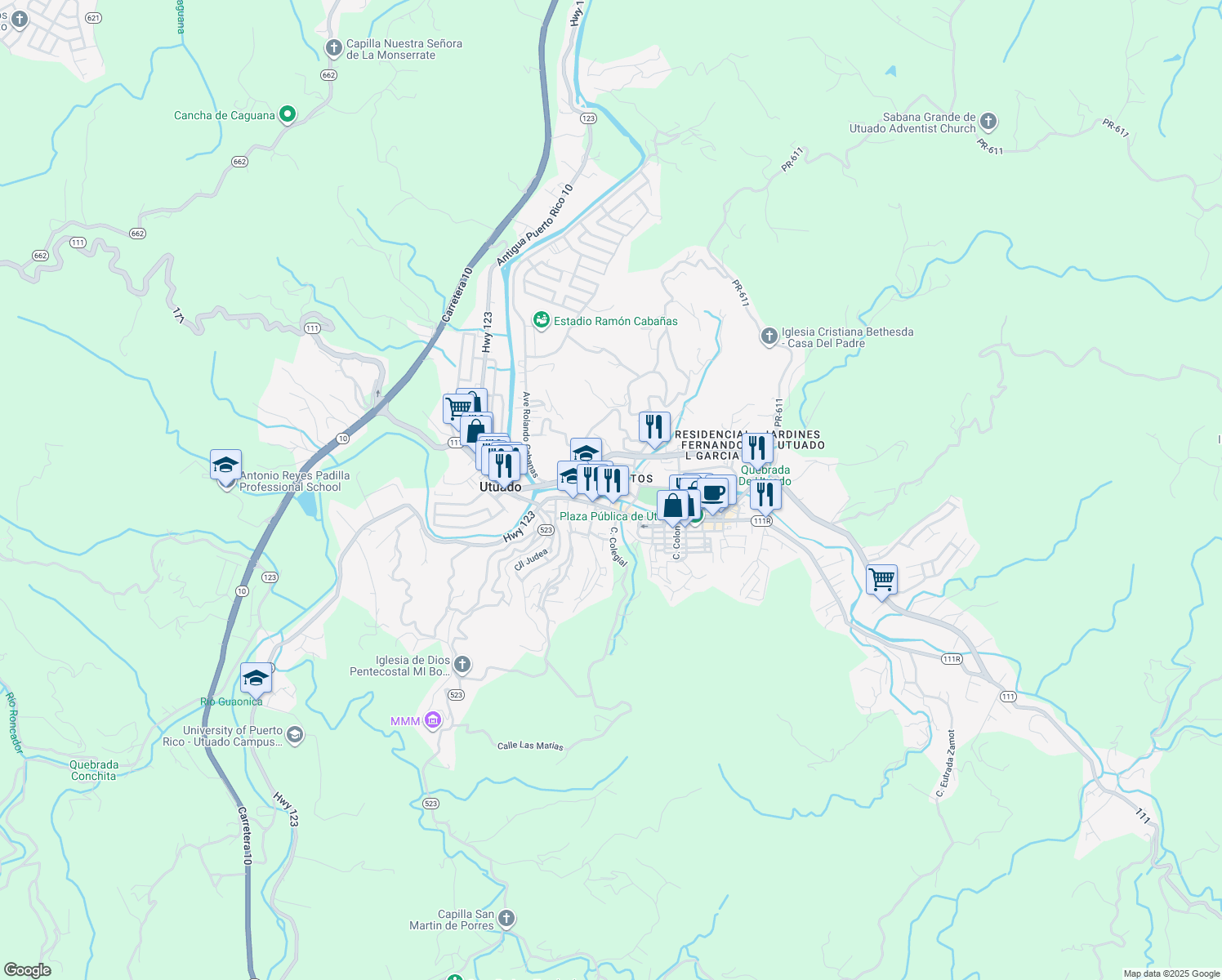 map of restaurants, bars, coffee shops, grocery stores, and more near Calle Robles in Utuado