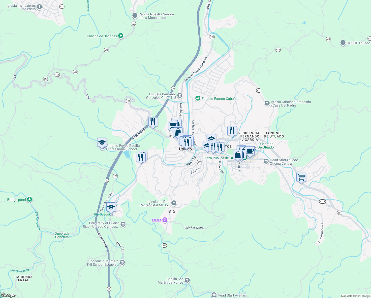 map of restaurants, bars, coffee shops, grocery stores, and more near in Utuado