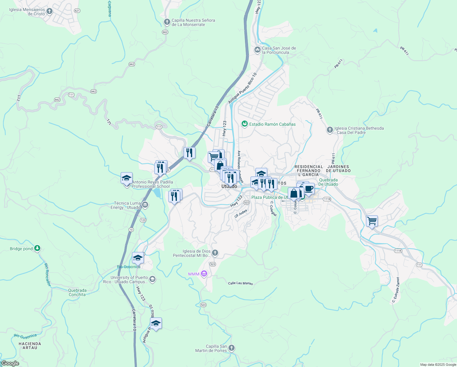map of restaurants, bars, coffee shops, grocery stores, and more near Calle Maria M Fernandez Cruz in Utuado