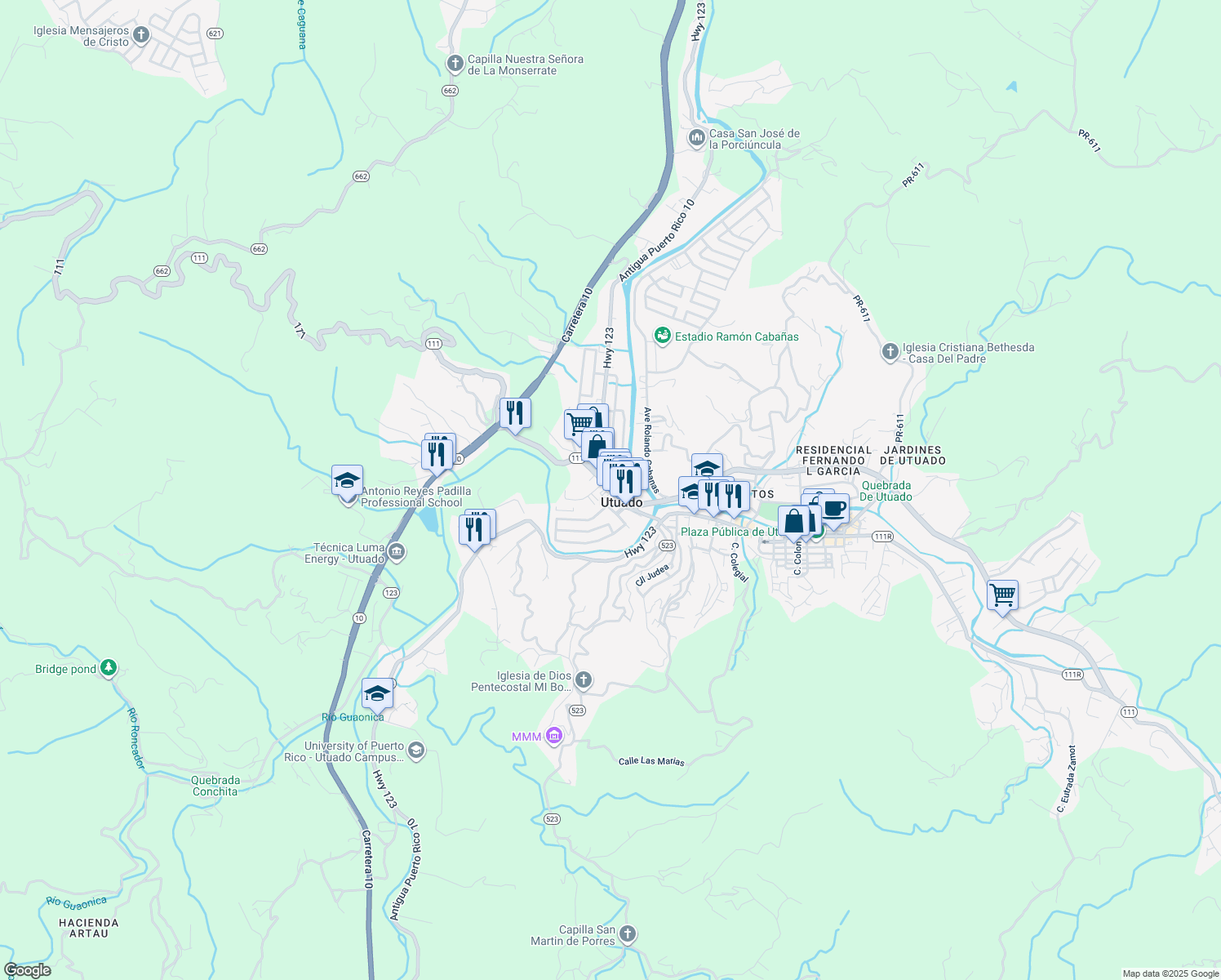 map of restaurants, bars, coffee shops, grocery stores, and more near Calle Maria M Fernandez Cruz in Utuado