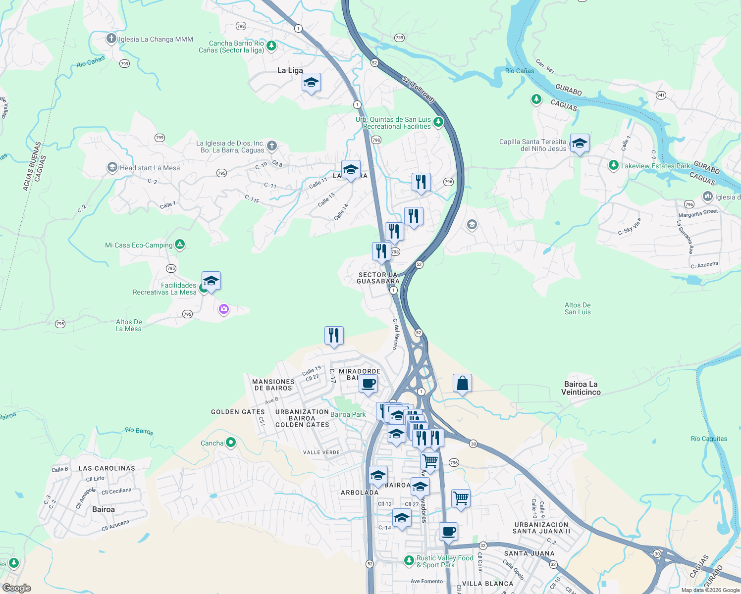 map of restaurants, bars, coffee shops, grocery stores, and more near Calle Del Comercio in Caguas